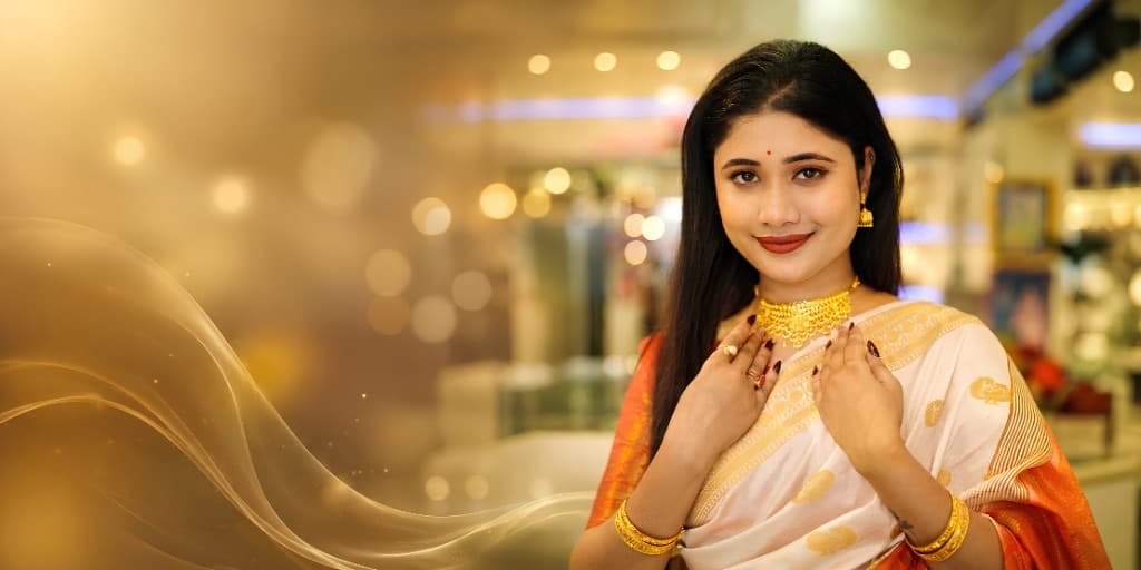 Bridal gold jewellery in white silk saree at Shanti Jewellers Bokajan, best jewellery store near Dimapur